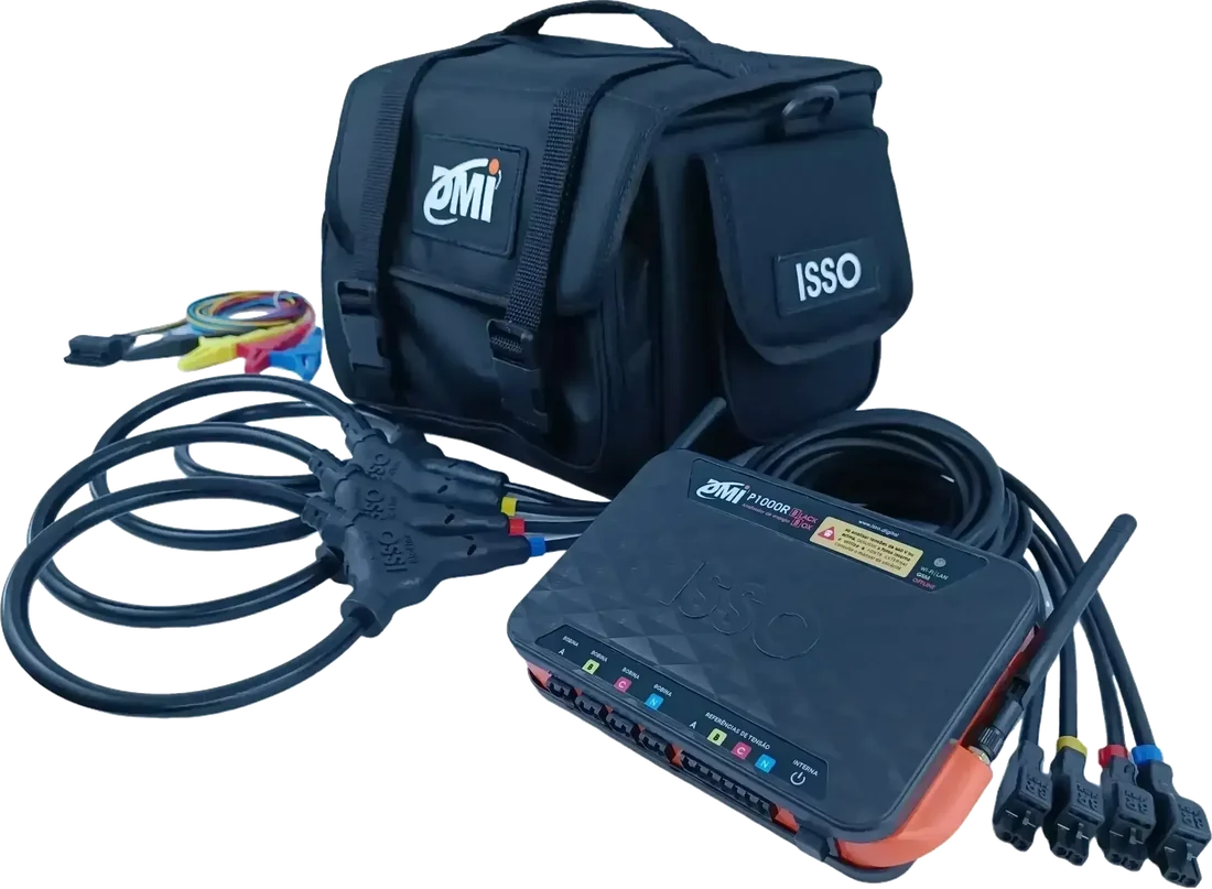 Analisador de energia ISSO DMI P1000R com bobinas de corrente, garras de tensão e maleta